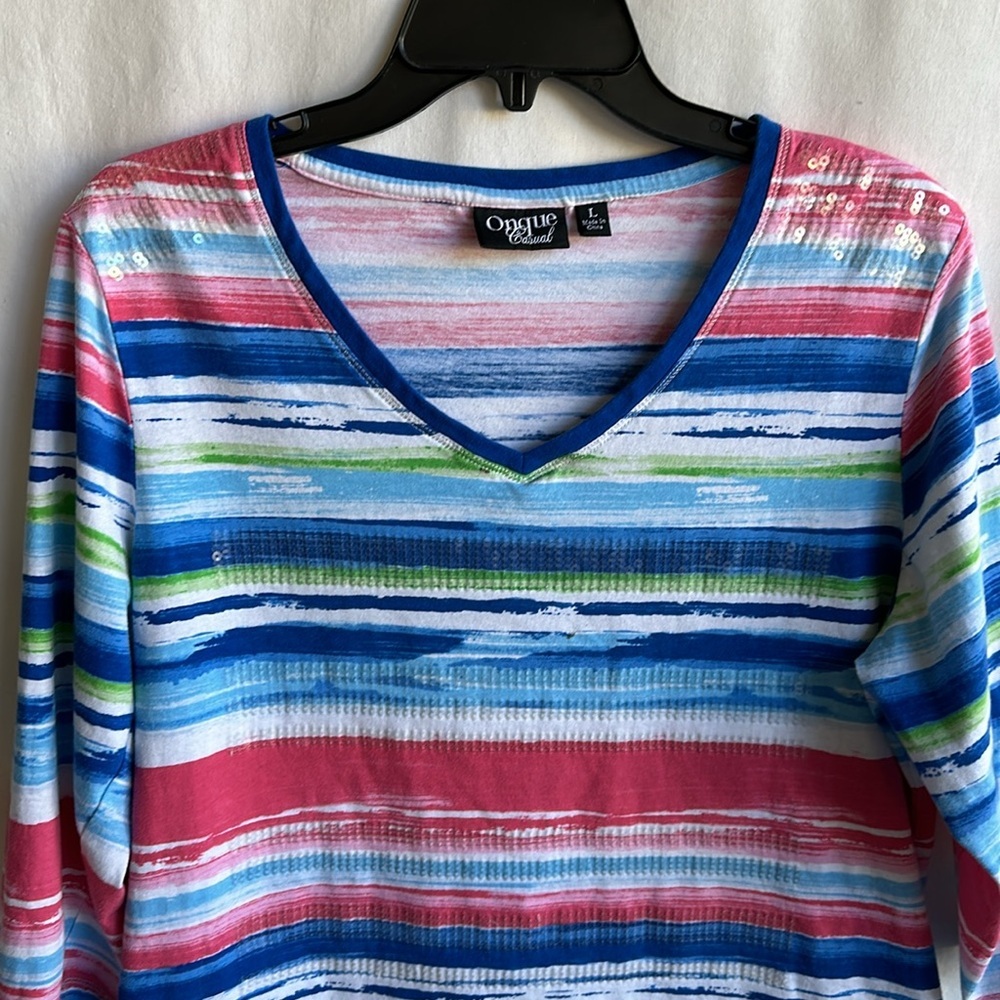 Onque Casual modern striped top with sequins, size L - Picture 2 of 8